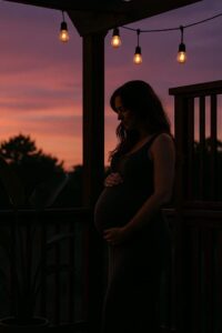 Gravid kvinna i siluett vid altan i solnedgångsljus under gravidfotografering